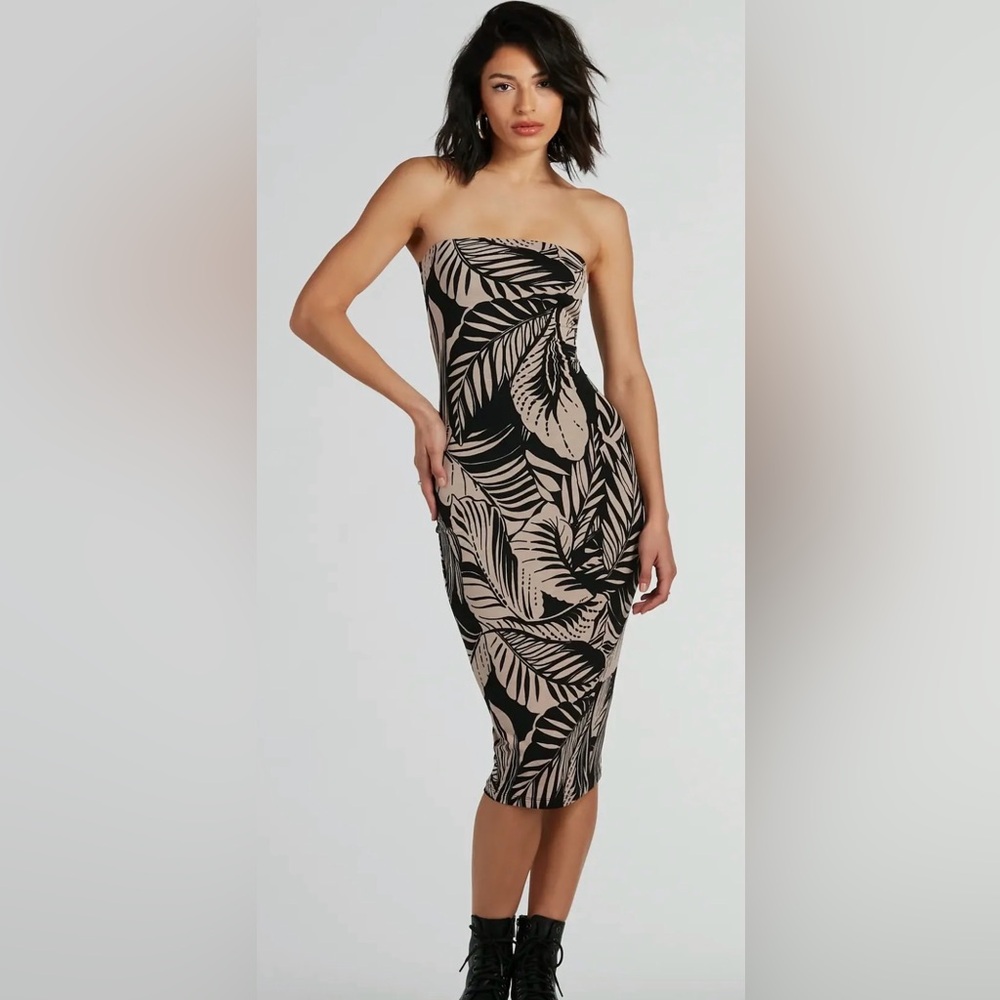 Windsor Strapless Black & Tan Leaf Dress NWT